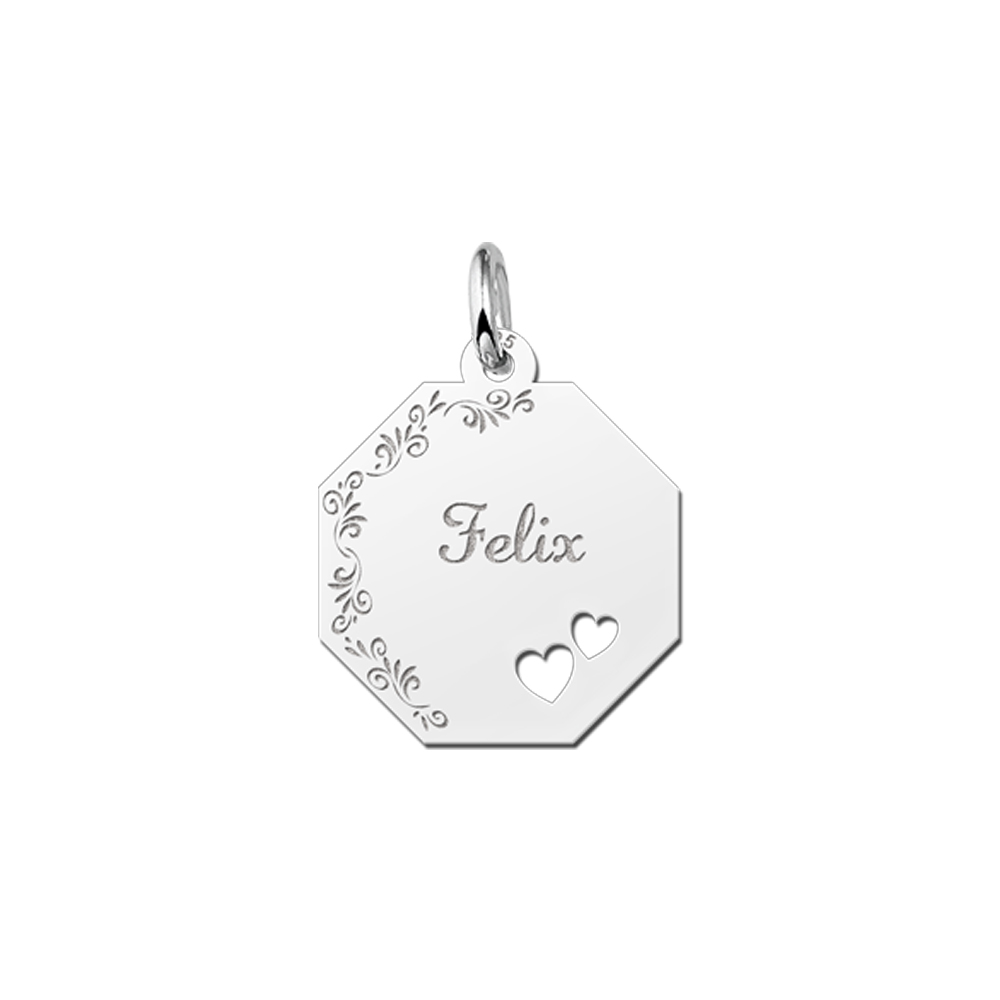 Colgante octogonal de plata borde floral & 2 corazones