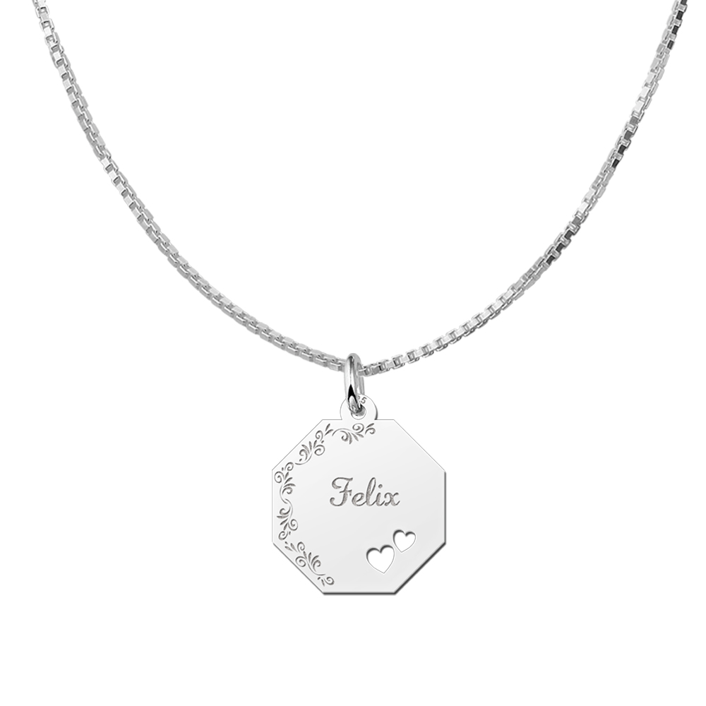 Colgante octogonal de plata borde floral & 2 corazones
