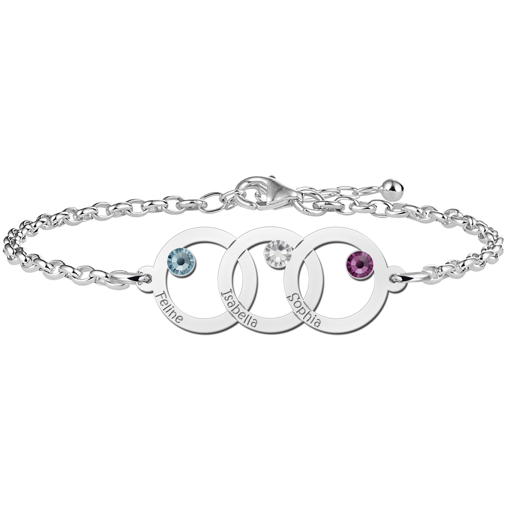Pulsera de plata madre e hija con tres círculos, nombres y piedras de nacimiento