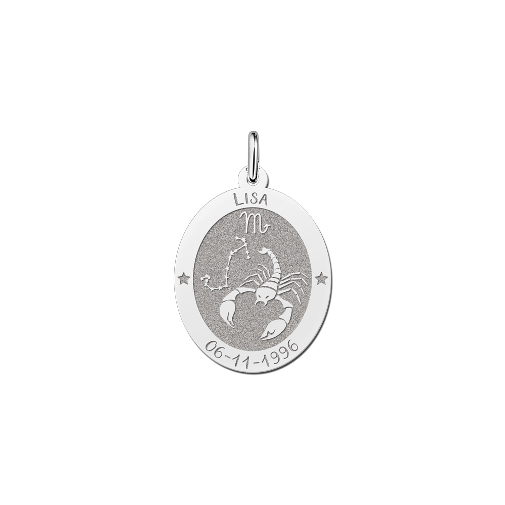 Colgante Ovalado de Plata Signo del Zodiaco Escorpio con Grabado de Nombre