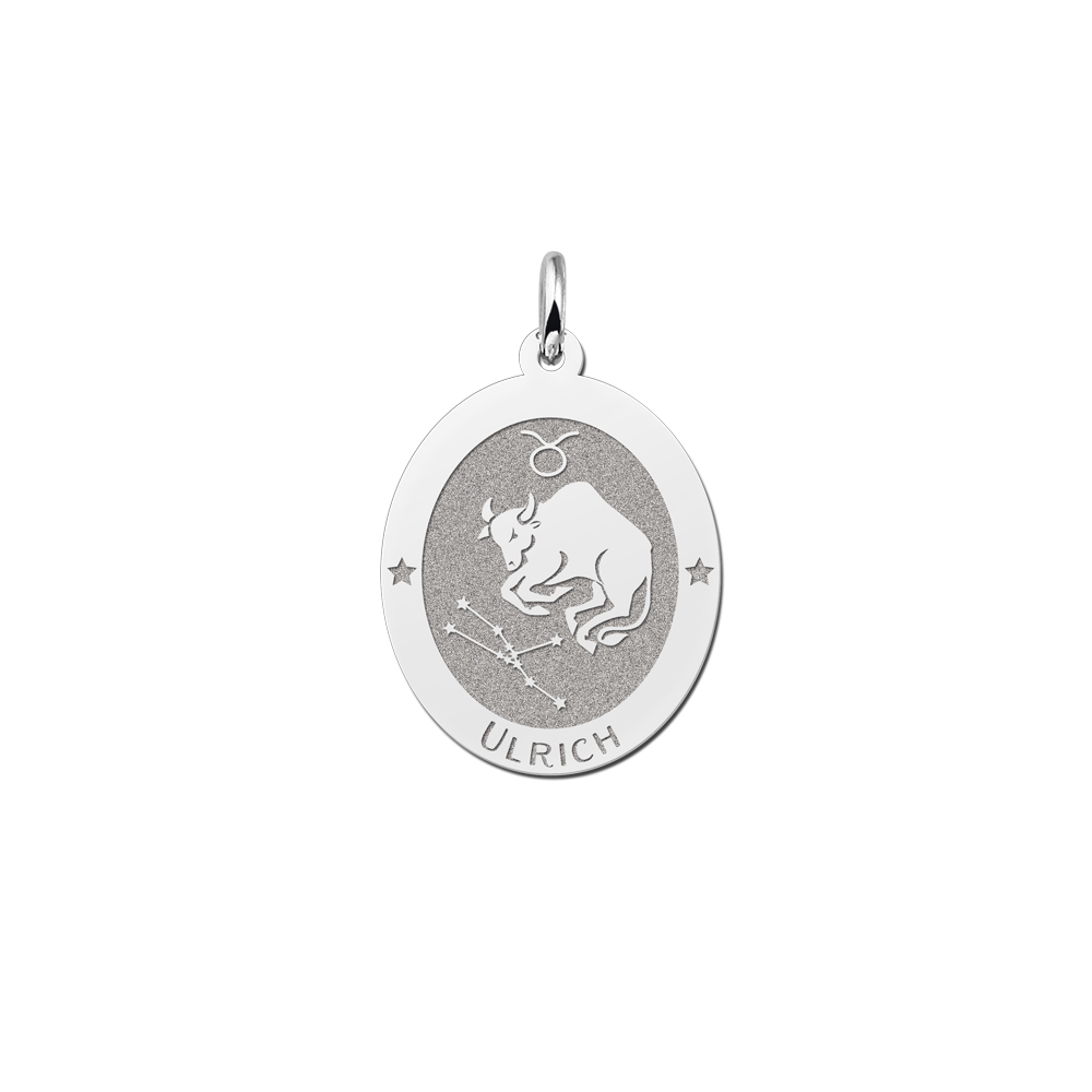 Colgante Ovalado de Plata Signo del Zodiaco Tauro con Grabado de Nombre