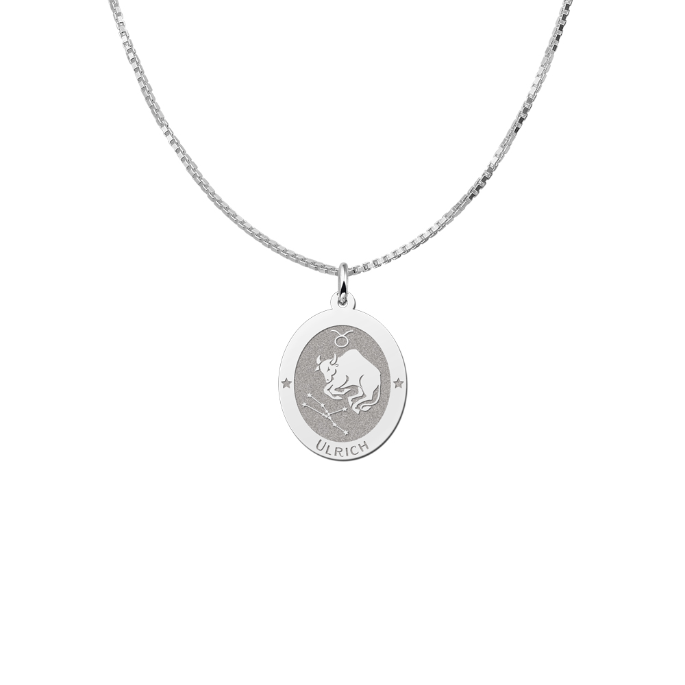 Colgante Ovalado de Plata Signo del Zodiaco Tauro con Grabado de Nombre
