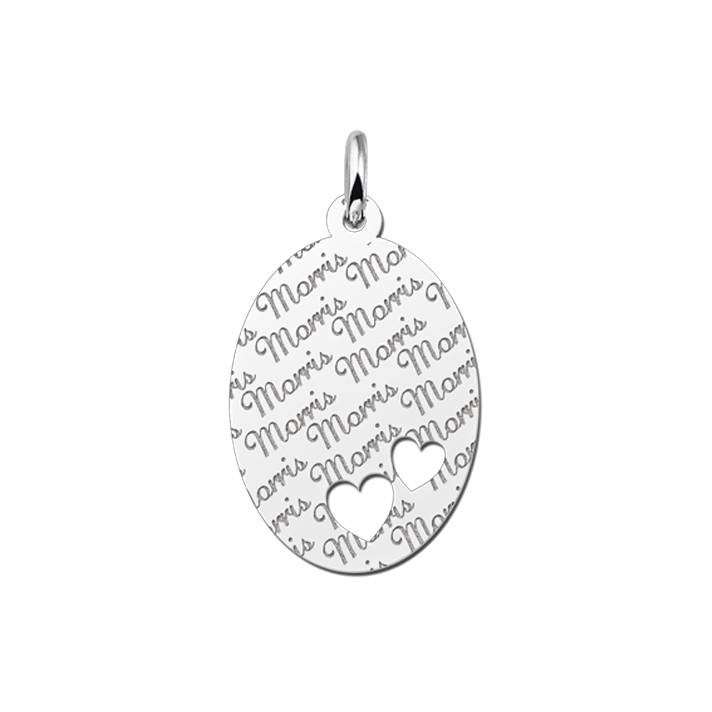Colgante ovalado de plata patrón de nombre & dos corazones