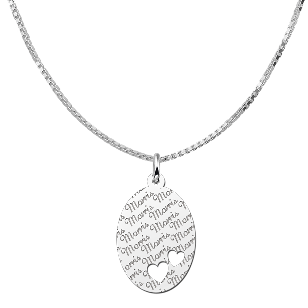 Colgante ovalado de plata patrón de nombre & dos corazones