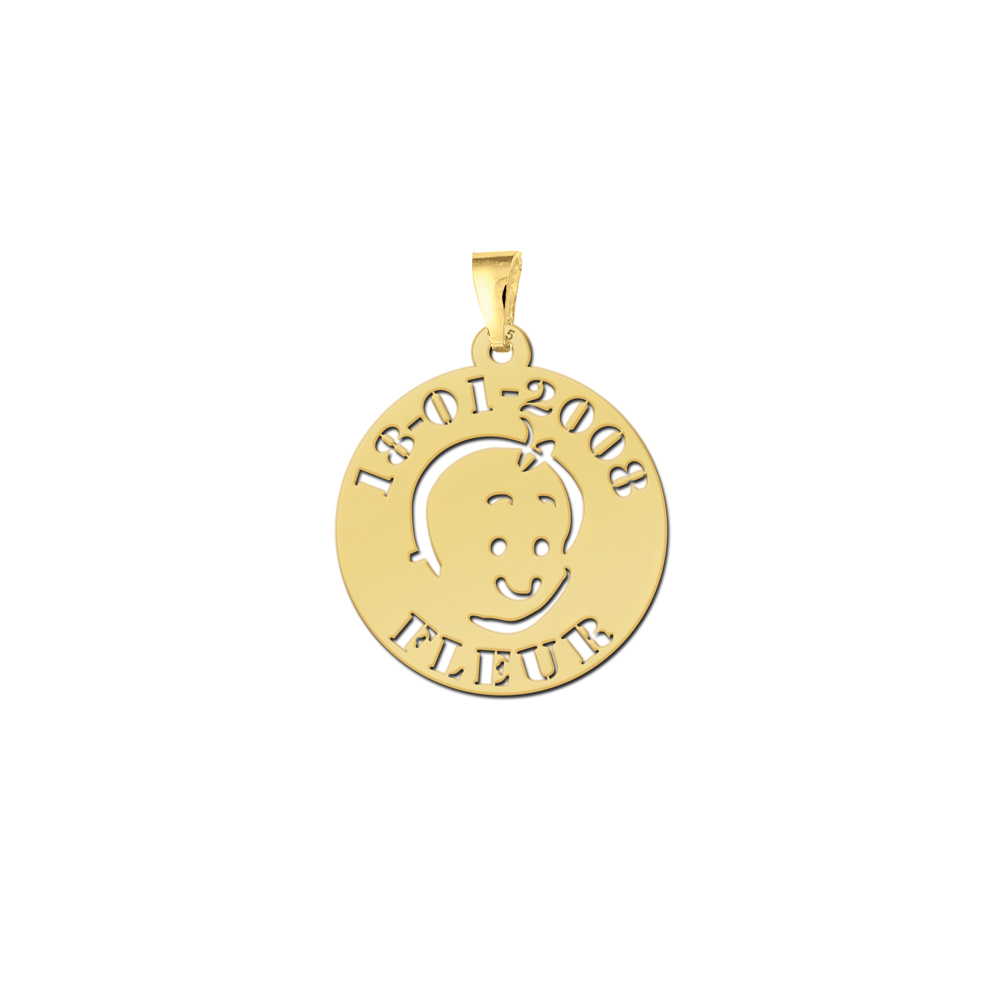 Colgante para bebé cara de bebé chapado en oro con nombre y fecha