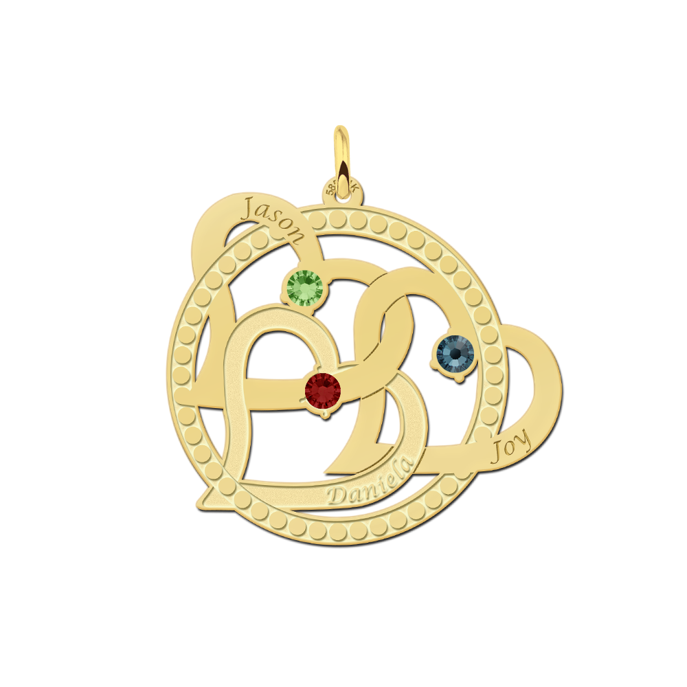 Colgante dorado con tres corazones y piedra natalicia Colgante dorado con tres corazones y piedra natalicia