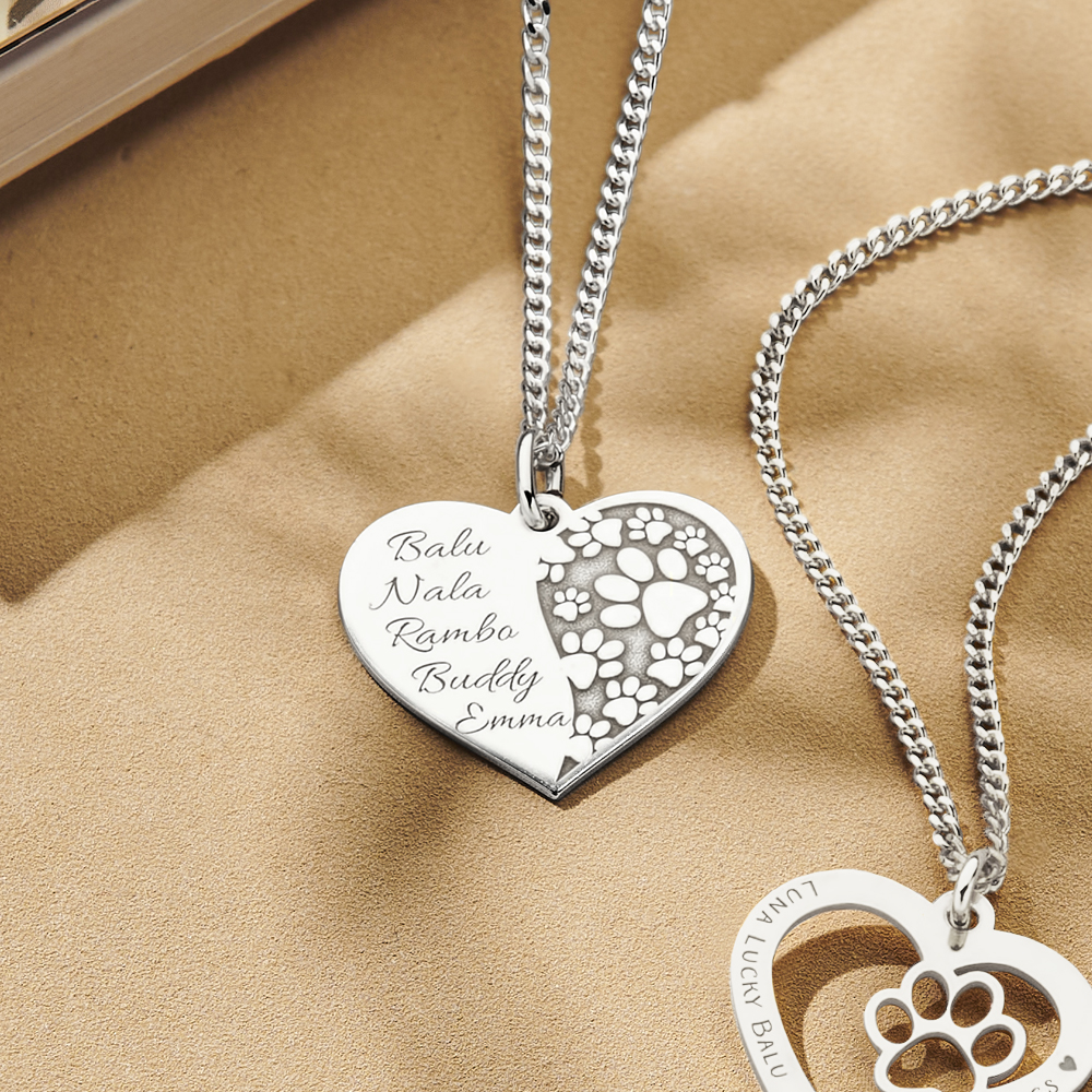 Colgante de plata para mascotas con corazón, huellas y nombres Colgante de plata para mascotas con corazón, huellas y nombres