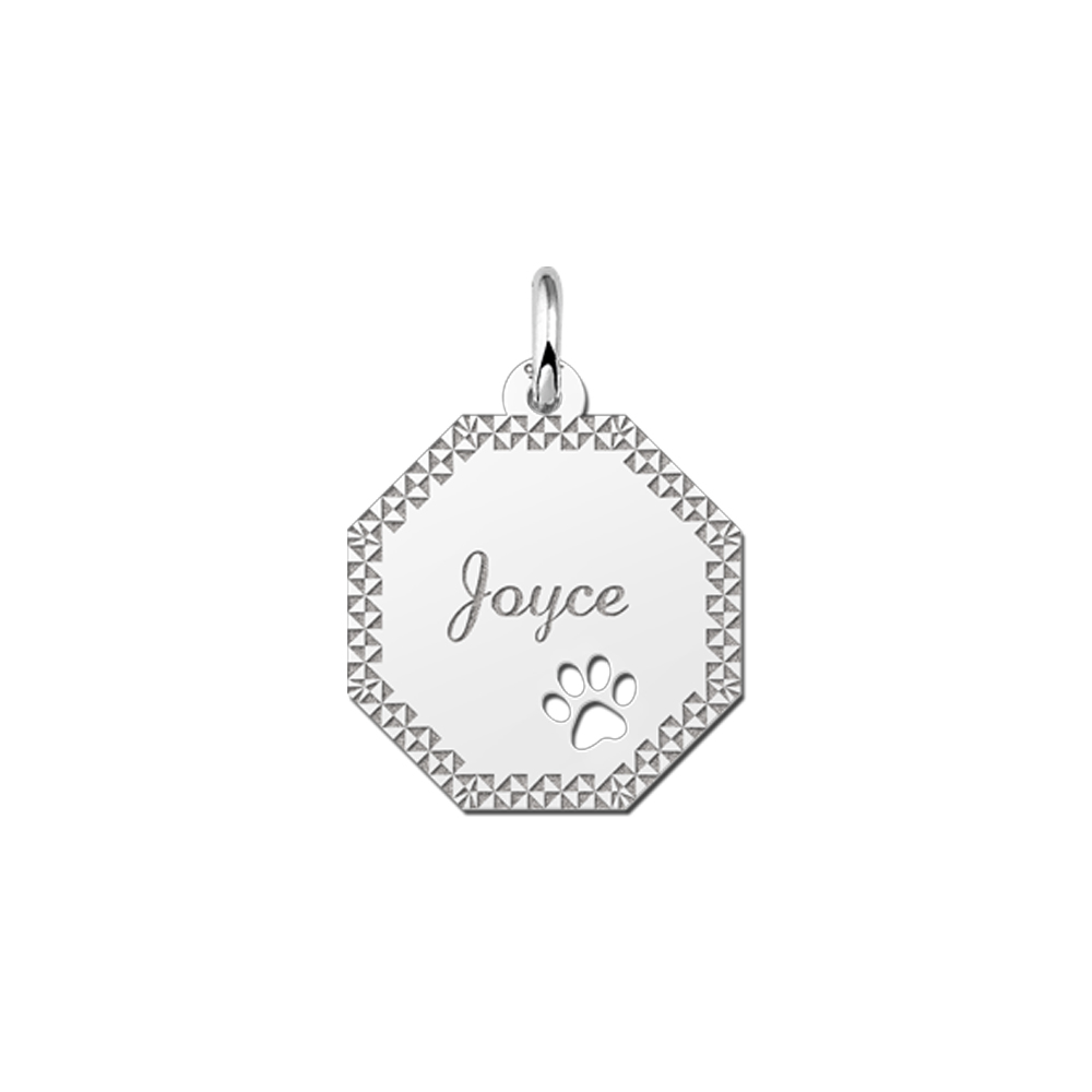 Colgante octogonal de plata borde & huella de perro