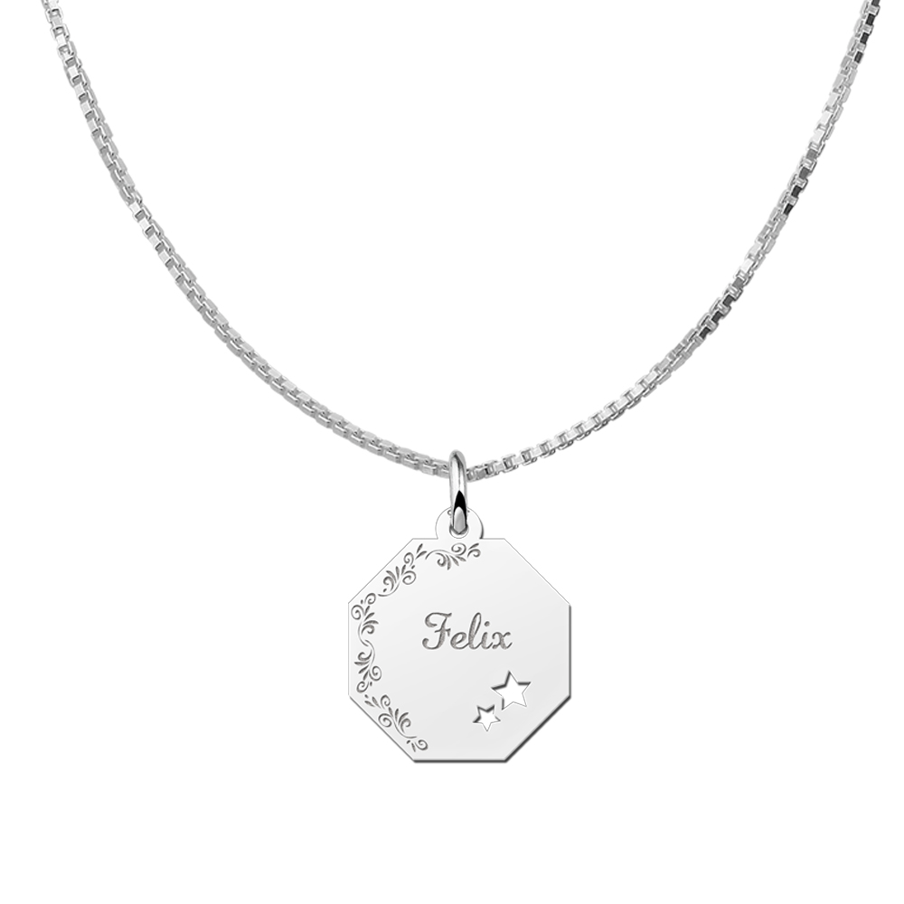 Colgante octogonal de plata borde floral & estrellas