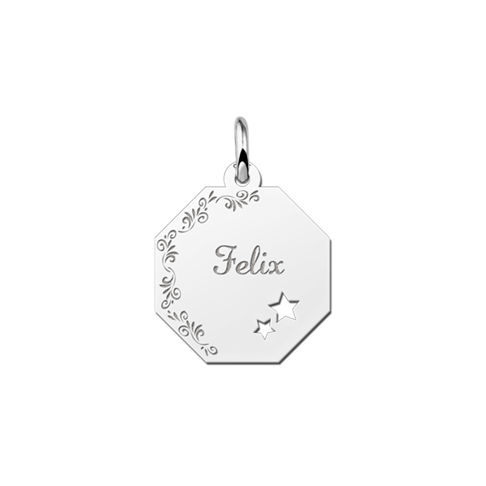 Colgante octogonal de plata borde floral & estrellas