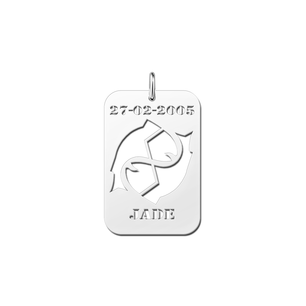 Colgante de Plata Signo del Zodiaco Piscis con Grabado de Fecha y Nombre
