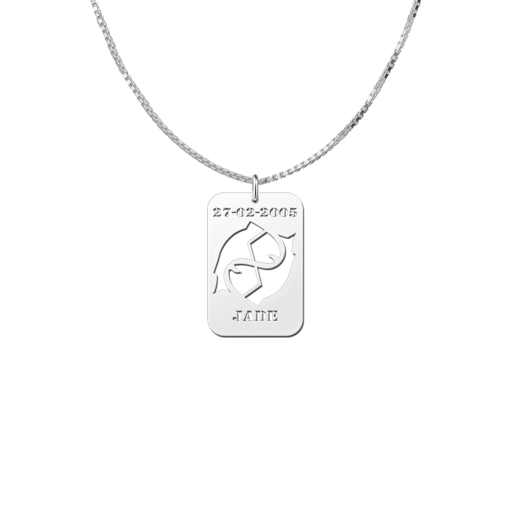 Colgante de Plata Signo del Zodiaco Piscis con Grabado de Fecha y Nombre