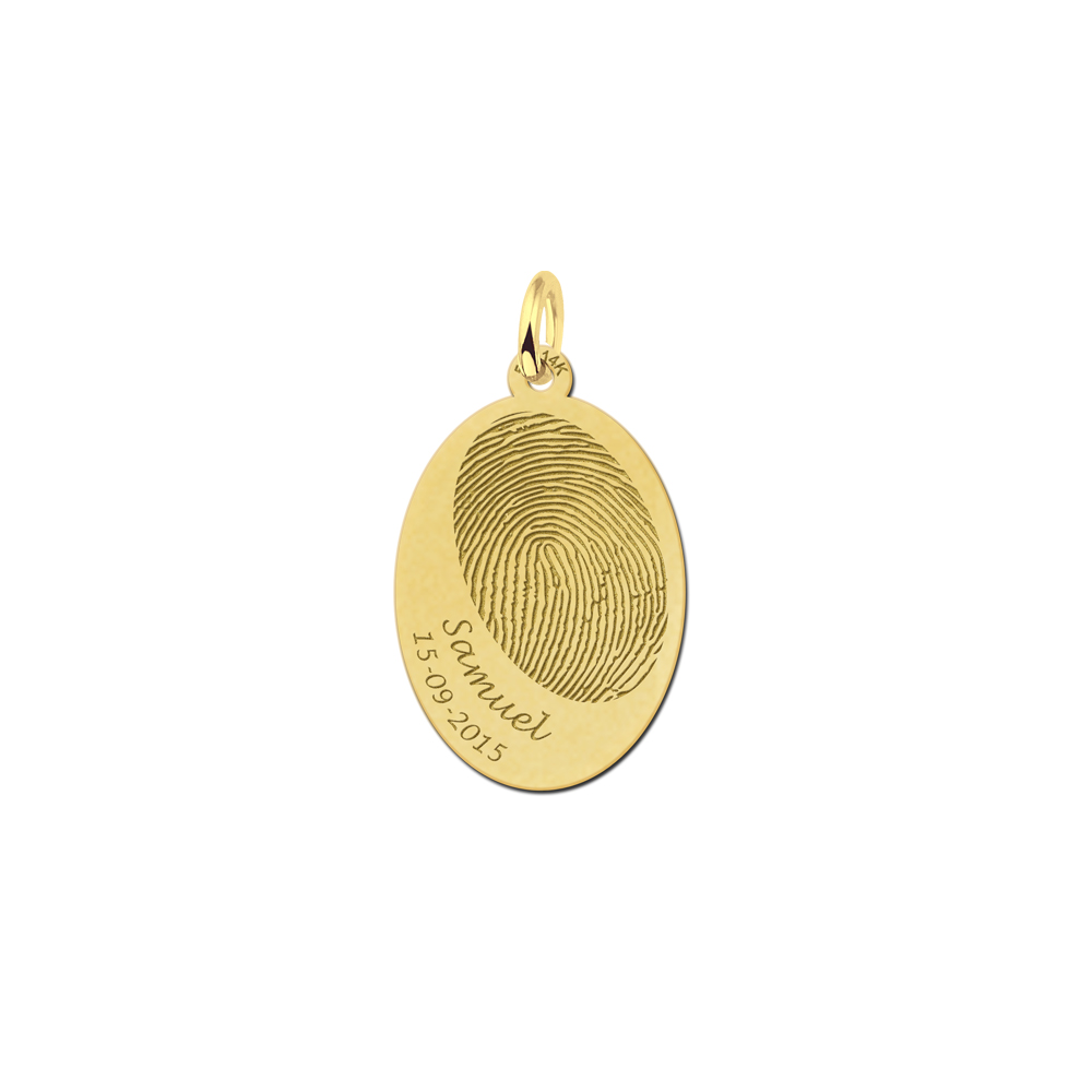 Pieza de joyería de oro con huella dactilar, nombre y fecha