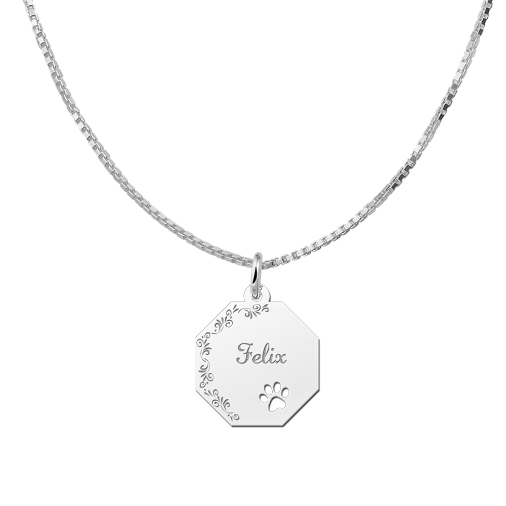Colgante octogonal de plata borde floral & huella de perro