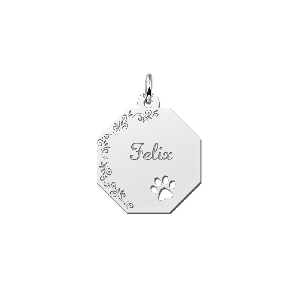 Colgante octogonal de plata borde floral & huella de perro