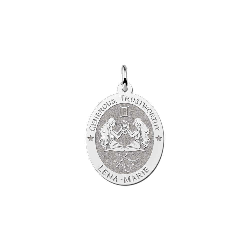 Colgante Ovalado de Plata Signo del Zodiaco Géminis con Grabado de Nombre