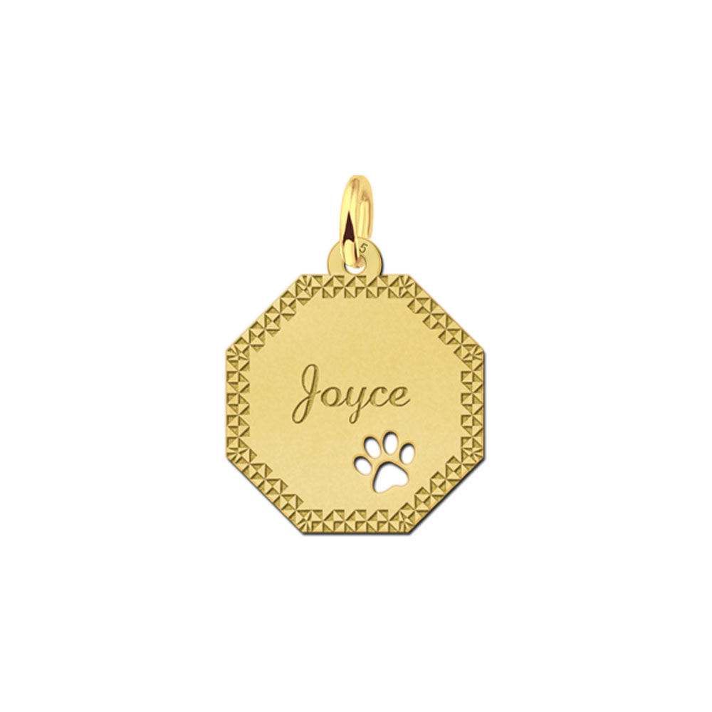 Colgante octogonal chapado en oro con borde decorativo y huella de perro