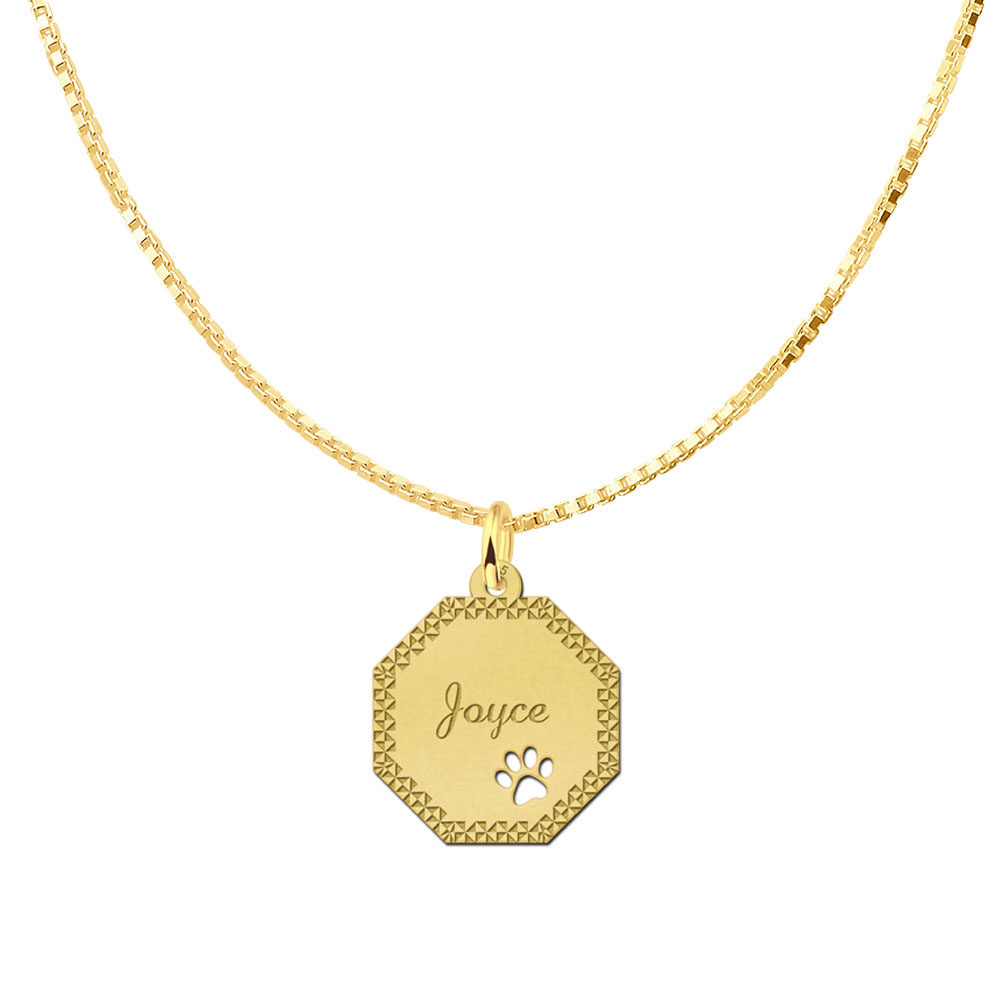 Colgante octogonal chapado en oro con borde decorativo y huella de perro