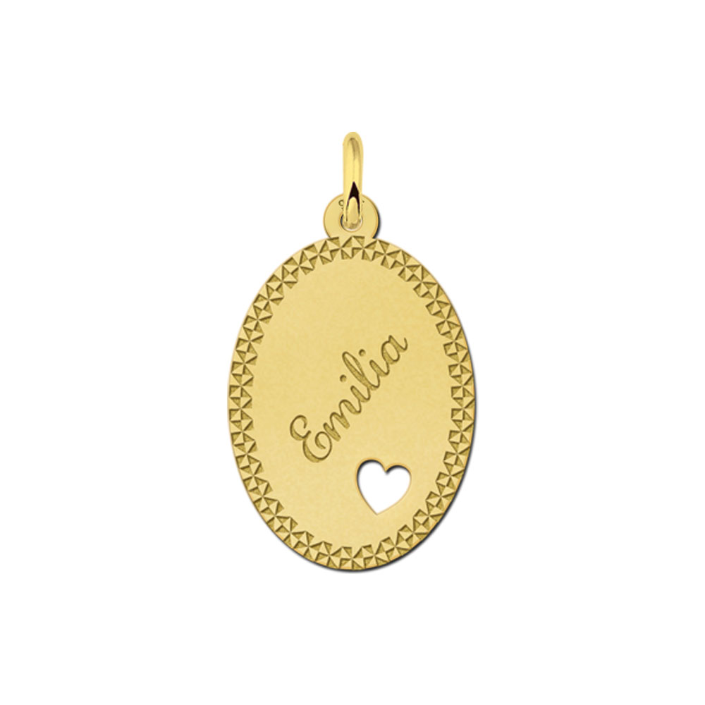 Colgante ovalado chapado en oro con borde decorativo y corazón