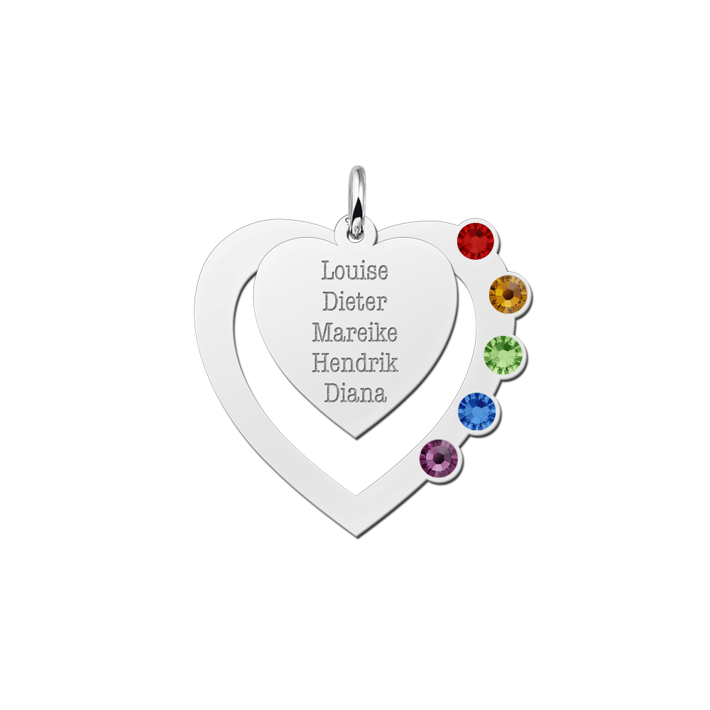 Colgante familiar de plata con corazón, nombres y piedras de nacimiento