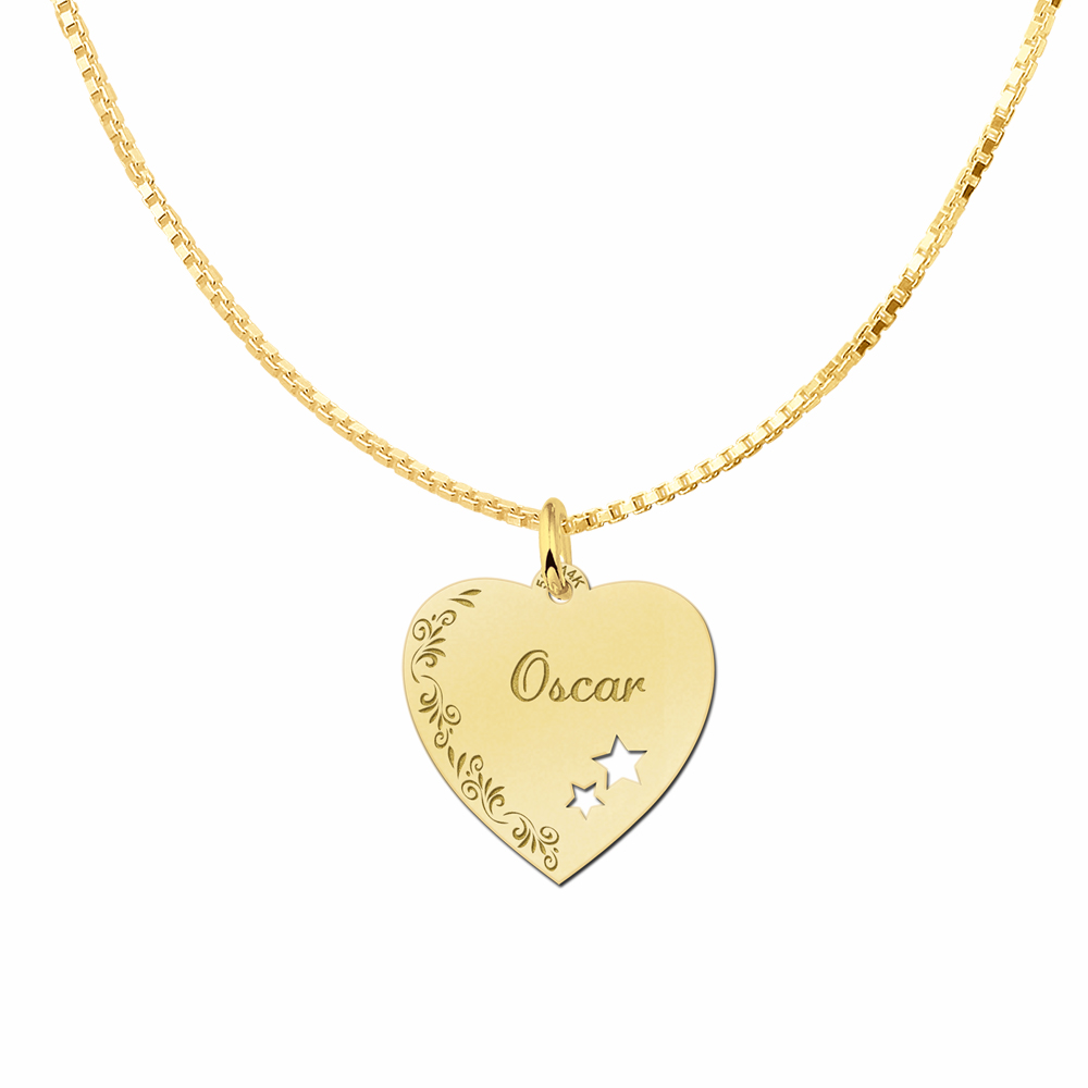 Placa de plata grabado corazón con borde de flor y estrellitas Placa de plata grabado corazón con borde de flor y estrellitas