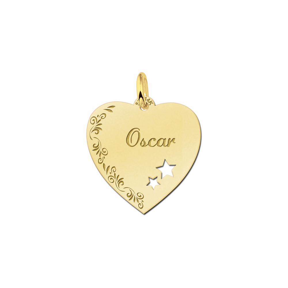 Placa de plata grabado corazón con borde de flor y estrellitas Placa de plata grabado corazón con borde de flor y estrellitas