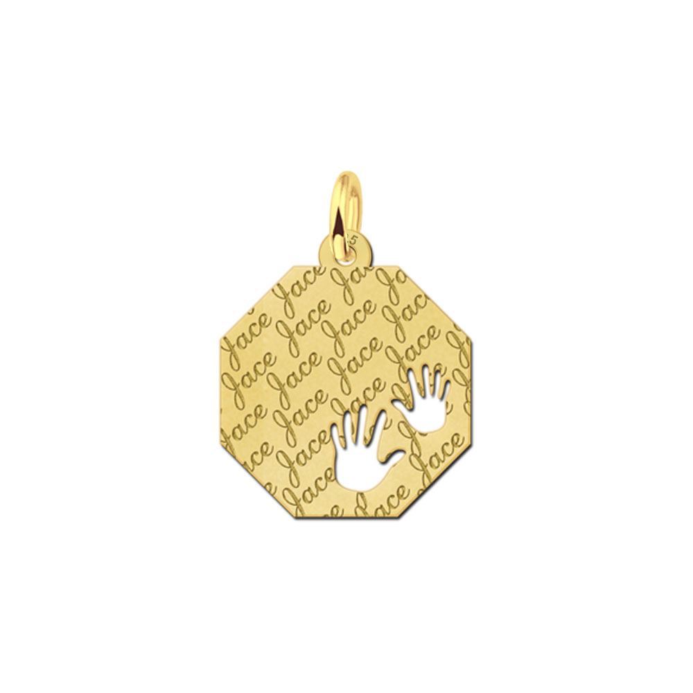 Colgante octogonal chapado en oro con patrón de nombre y manitas
