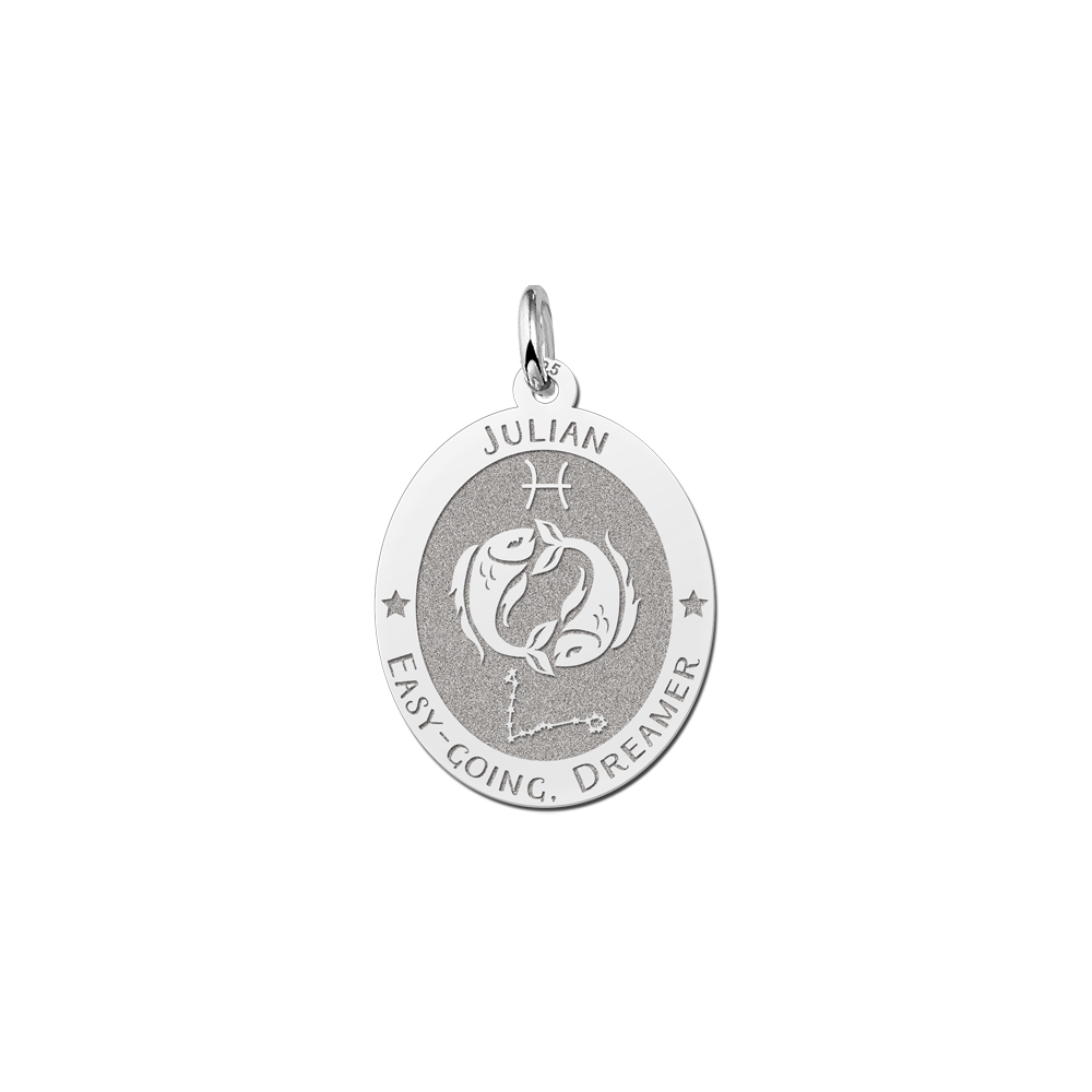 Colgante Ovalado de Plata Signo del Zodiaco Piscis con Grabado de Nombre