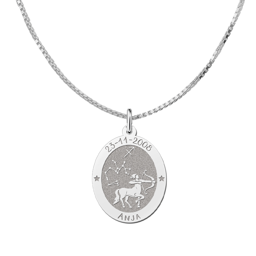 Colgante Ovalado de Plata Signo del Zodiaco Piscis con Grabado de Nombre
