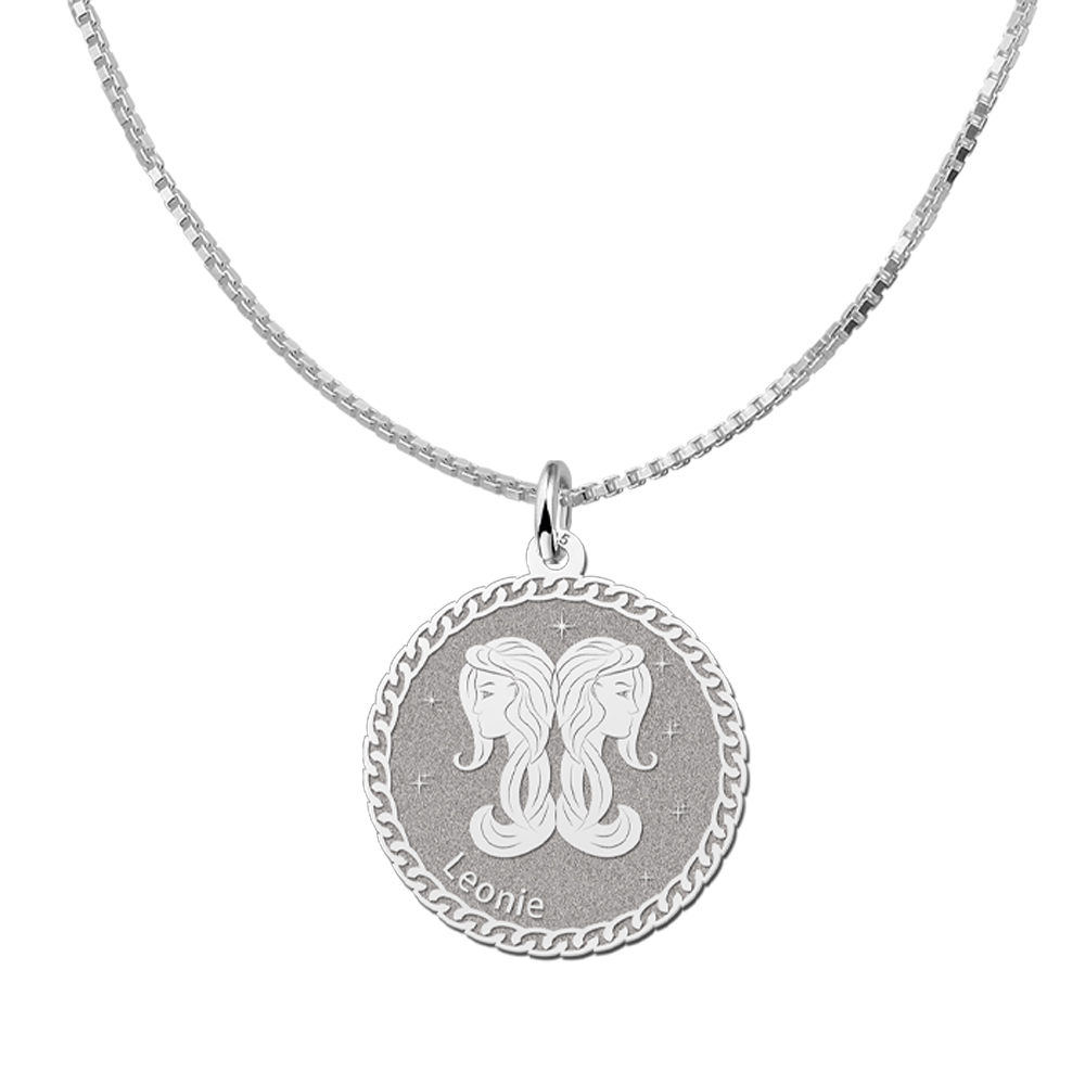 Colgante Redondo de Plata Signo del Zodiaco Géminis con Grabado de Nombre