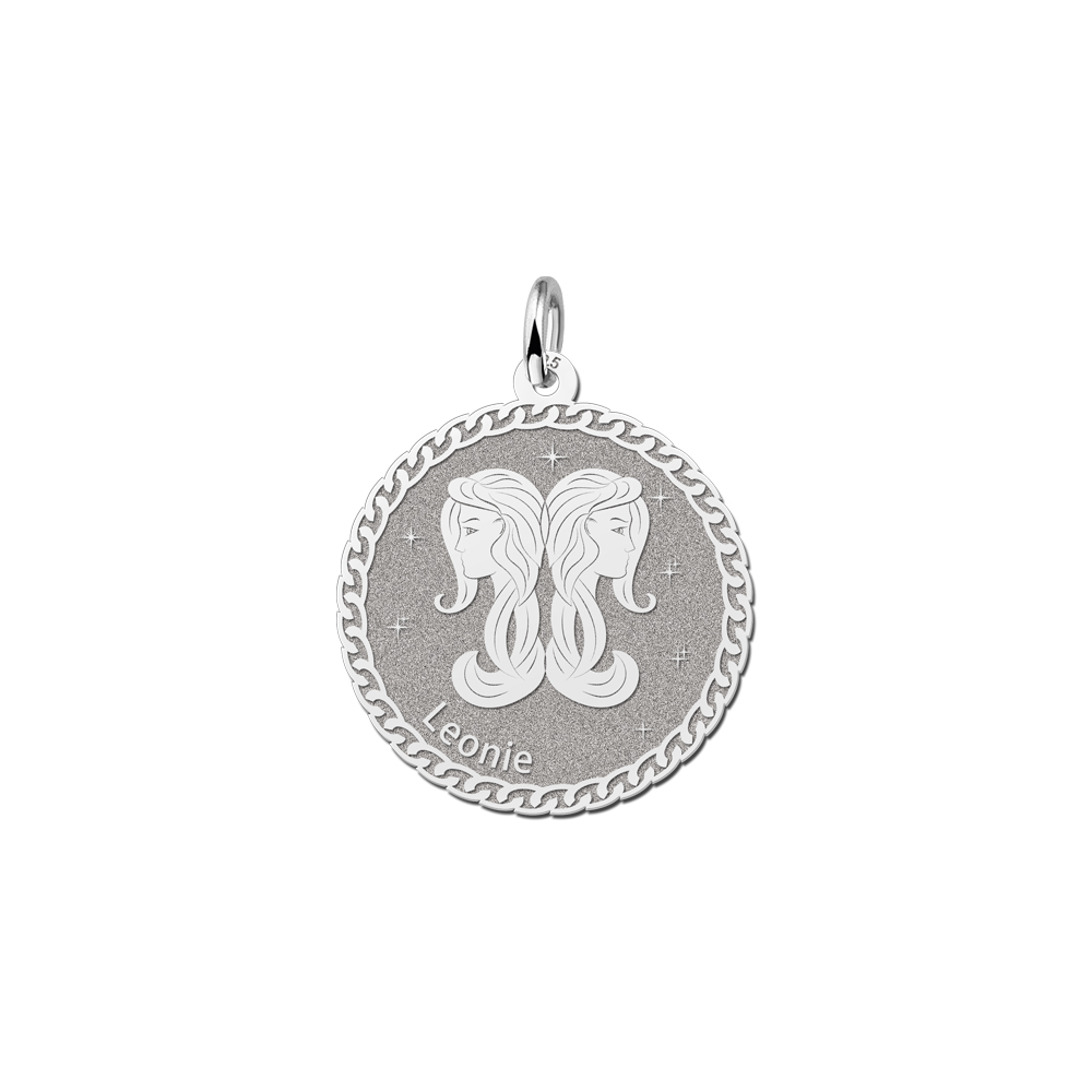 Colgante Redondo de Plata Signo del Zodiaco Géminis con Grabado de Nombre