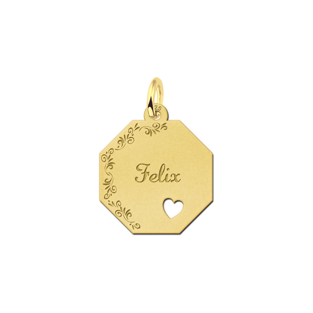 Colgante octogonal chapado en oro con borde de flores, nombre y corazón