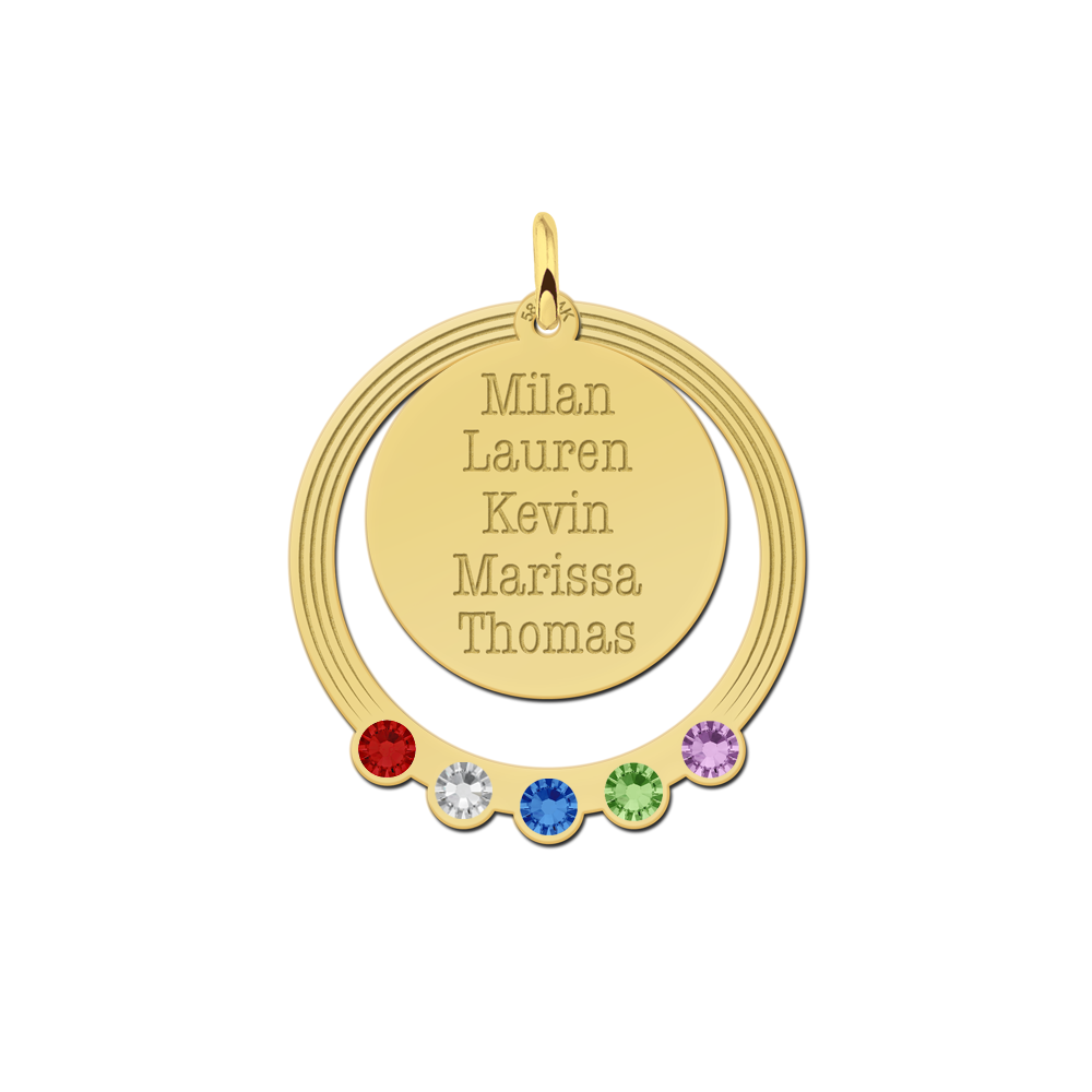 Colgante familiar redondo de oro de 14 quilates con nombres y piedras de nacimiento
