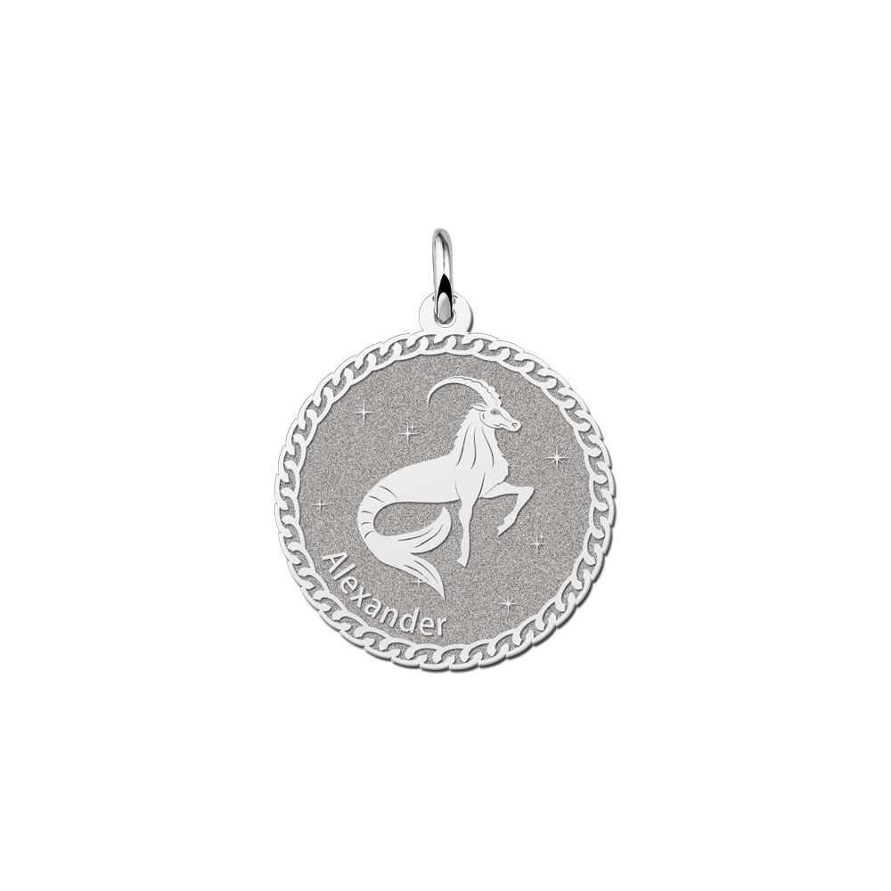 Colgante Redondo de Plata Signo del Zodiaco Capricornio con Grabado de Nombre