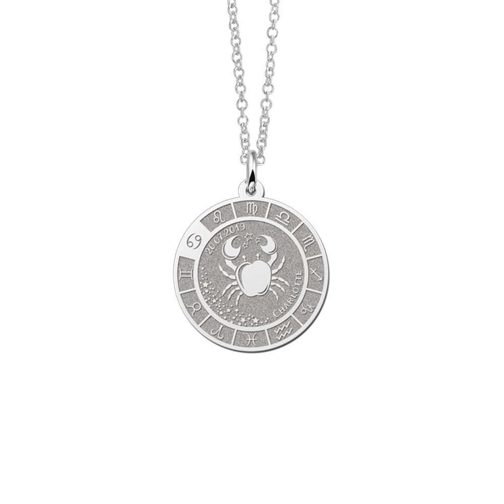 Colgante Redondo de Plata Signo del Zodiaco Cáncer con Grabado