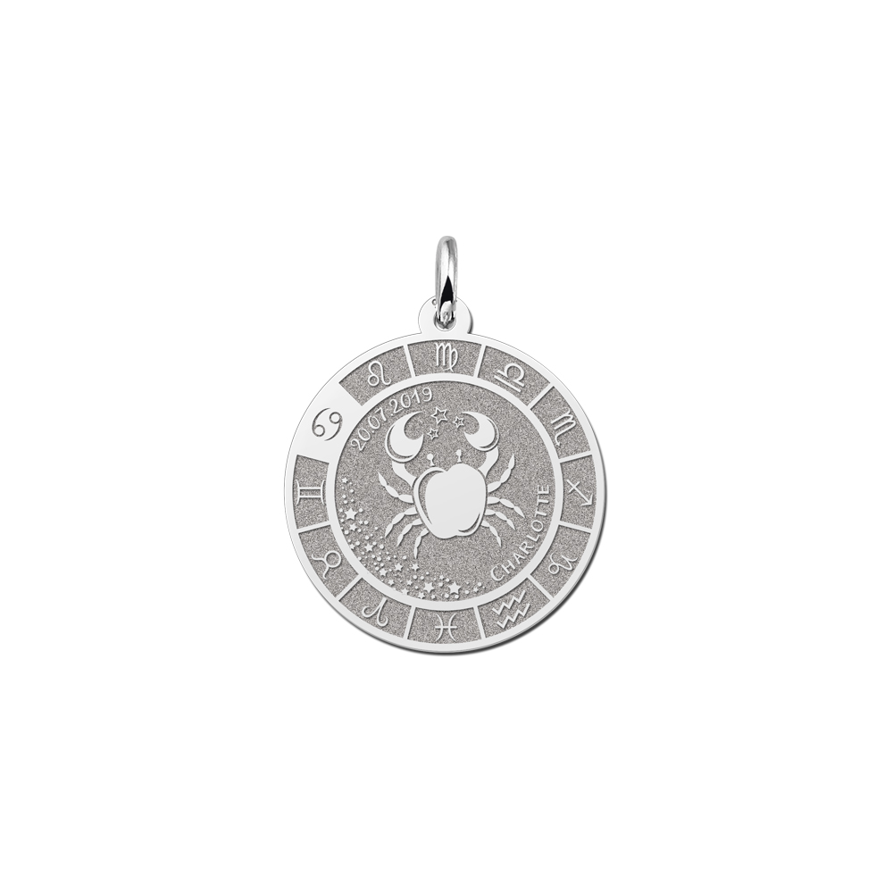 Colgante Redondo de Plata Signo del Zodiaco Cáncer con Grabado