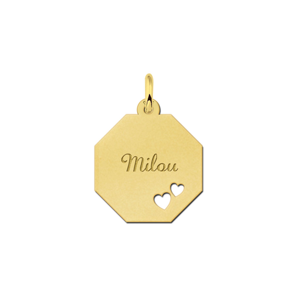 Colgante octogonal chapado en oro con 2 corazones
