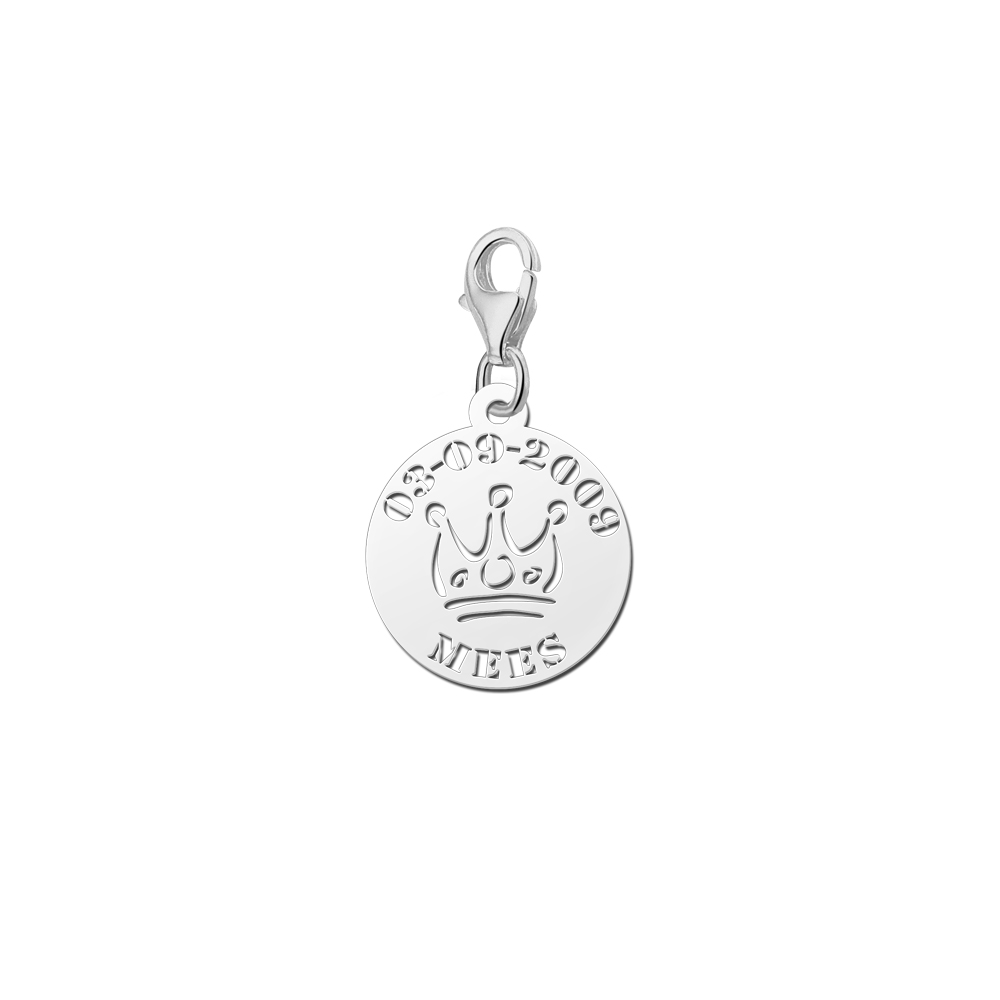 Charm de plata para bebé con corona, nombre y fecha