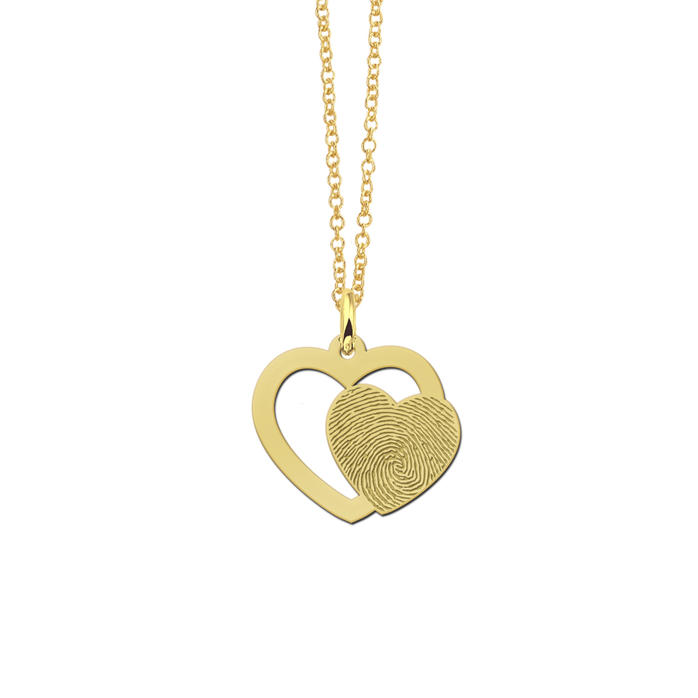 Colgante doble corazón chapado en oro con huella dactilar