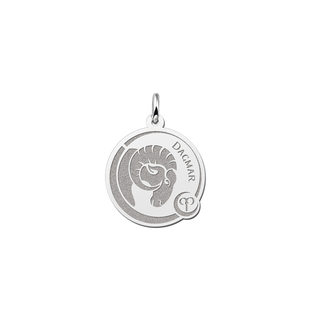 Colgante Redondo de Plata Signo del Zodiaco Aries con Grabado de Nombre
