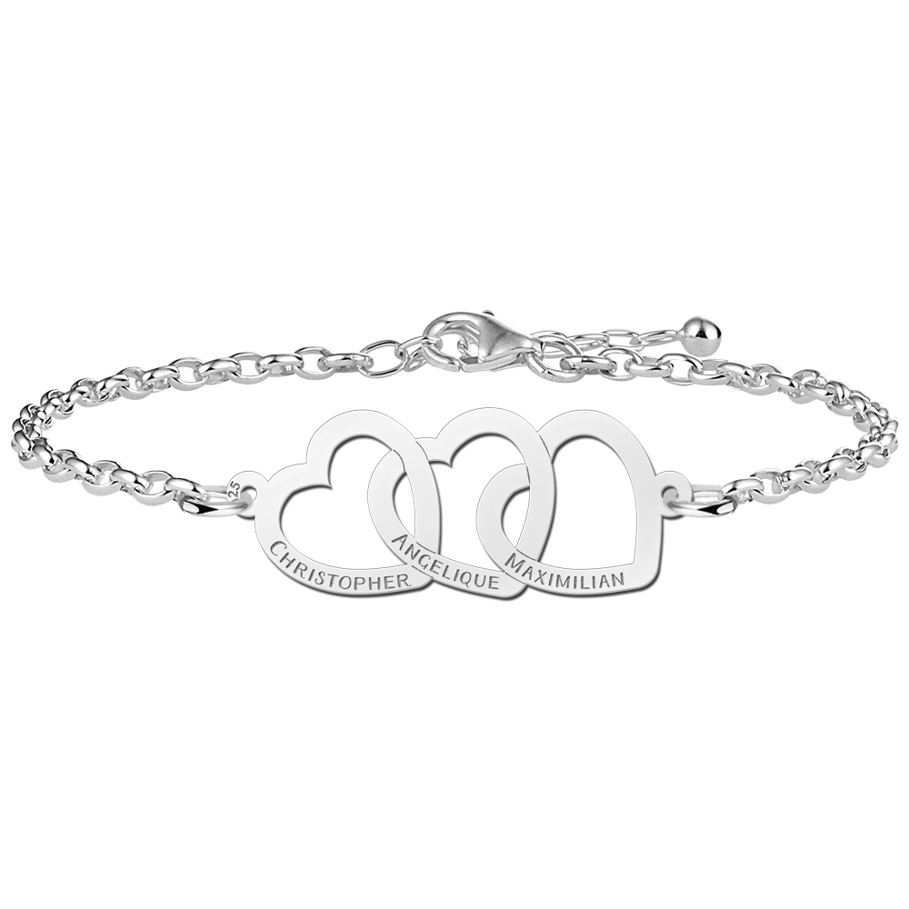 Pulsera de plata con tres corazones unidos y nombres Pulsera de plata con tres corazones unidos y nombres