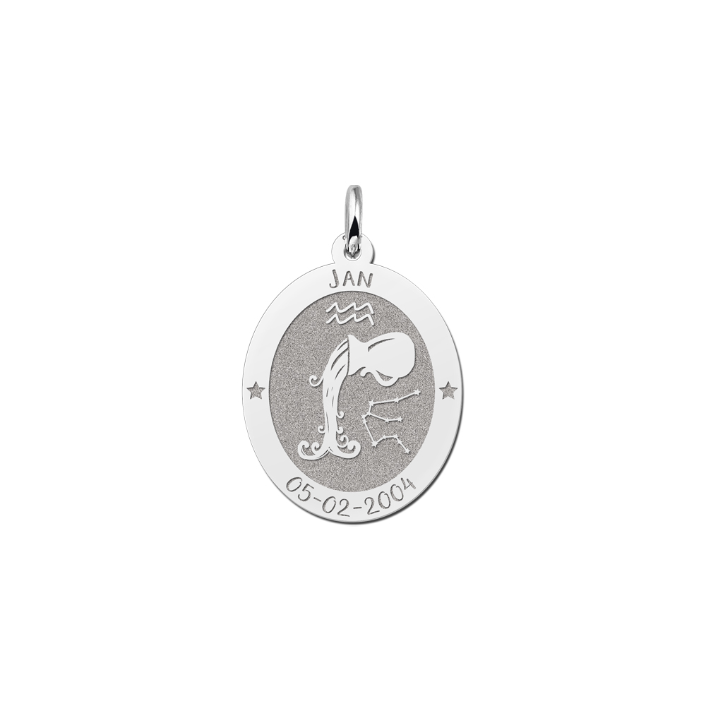 Colgante Ovalado de Plata Signo del Zodiaco Acuario con Grabado de Nombre