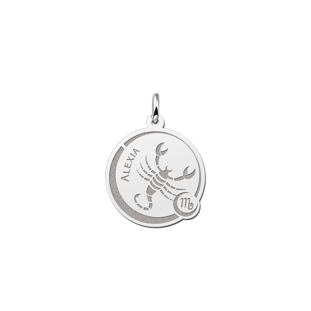 Colgante Redondo de Plata Signo del Zodiaco Escorpio con Grabado de Nombre
