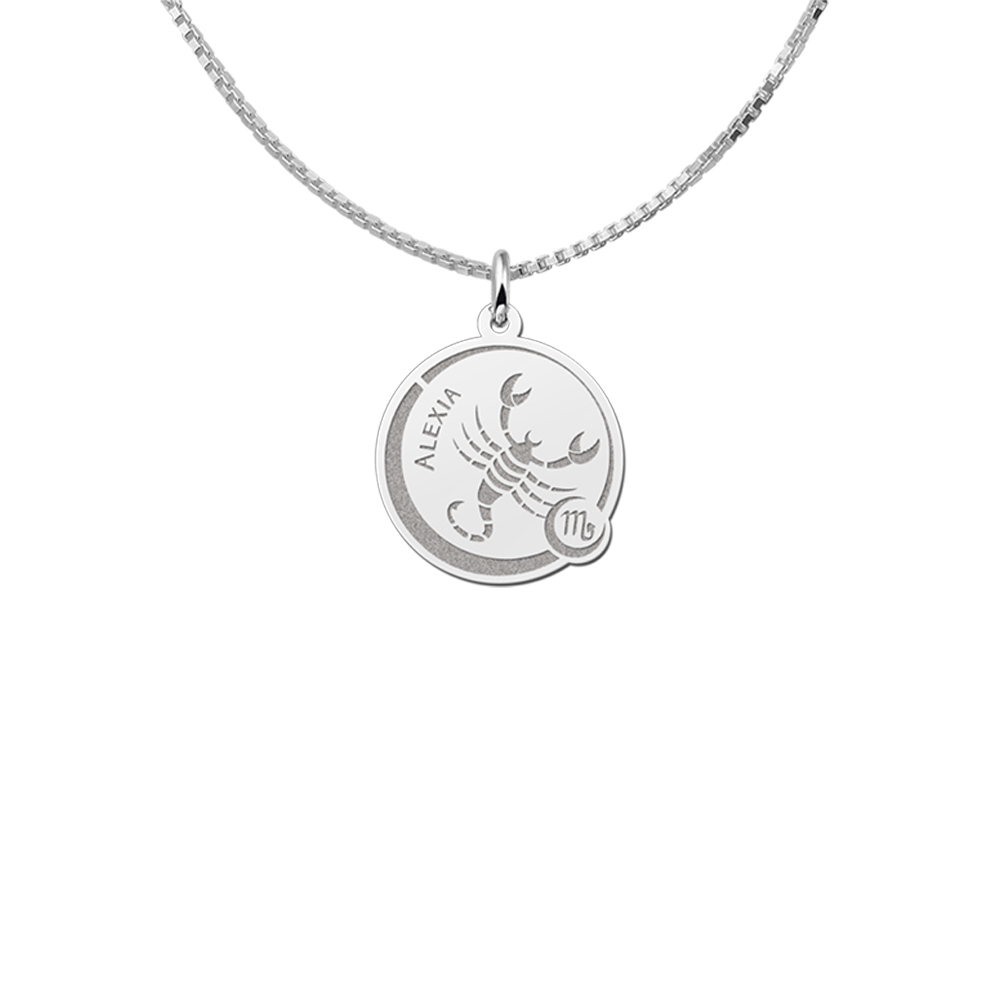 Colgante Redondo de Plata Signo del Zodiaco Escorpio con Grabado de Nombre