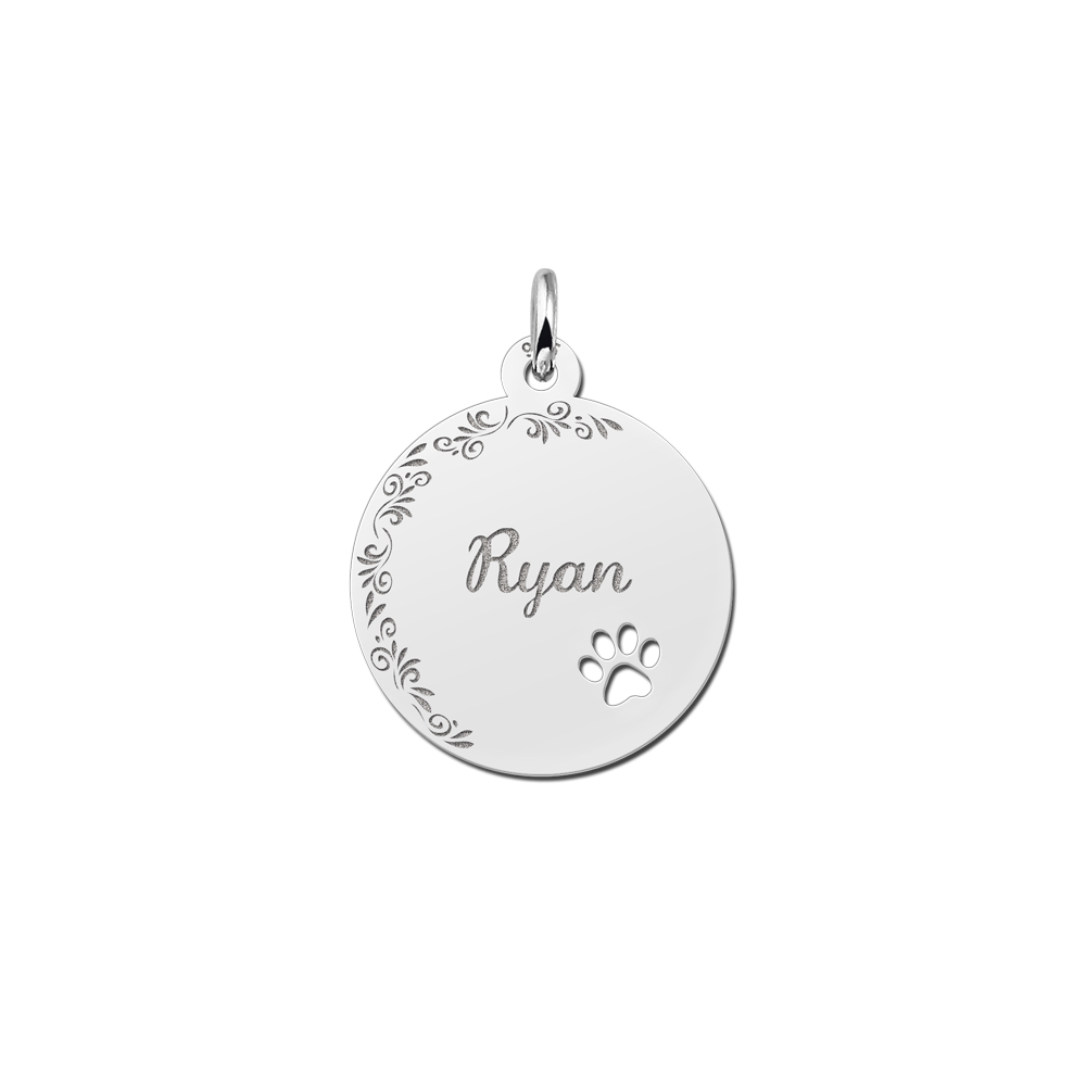 Colgante de plata con borde floral y huella de mascota