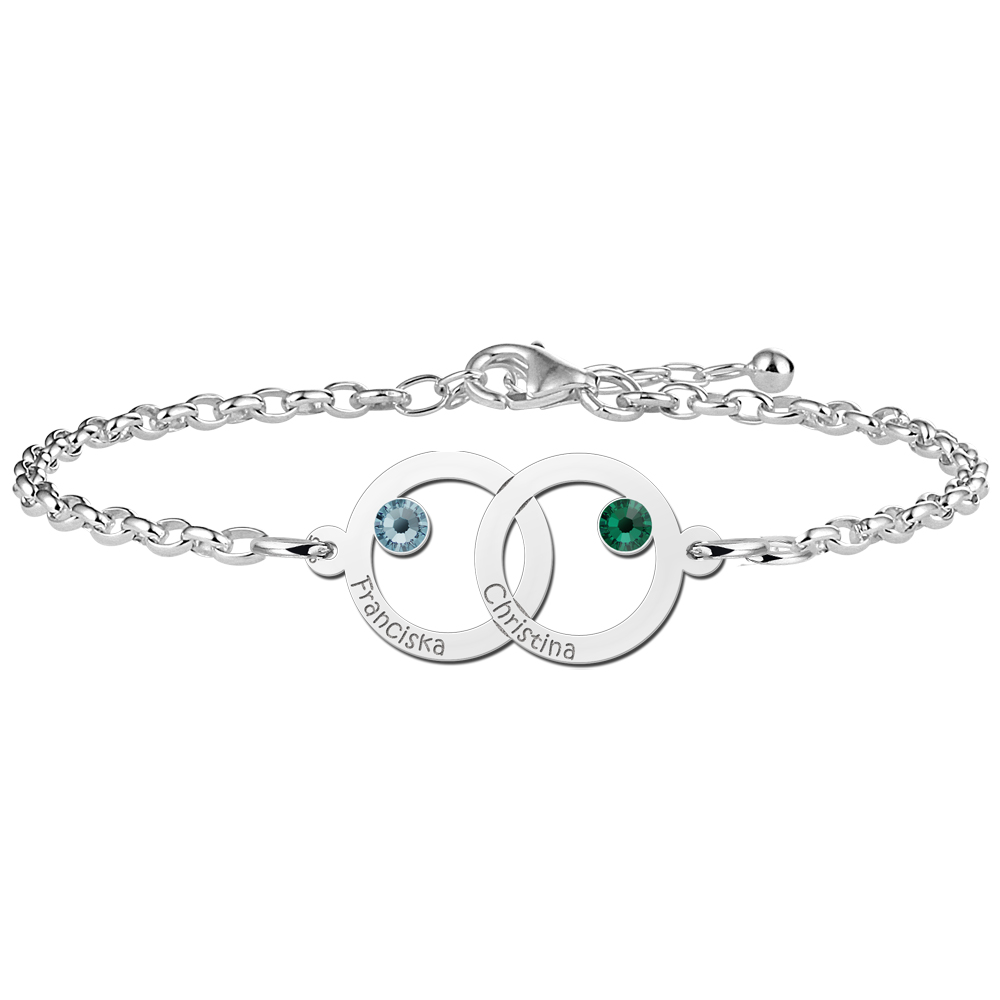 Pulsera de plata madre e hija con nombres y piedras de nacimiento