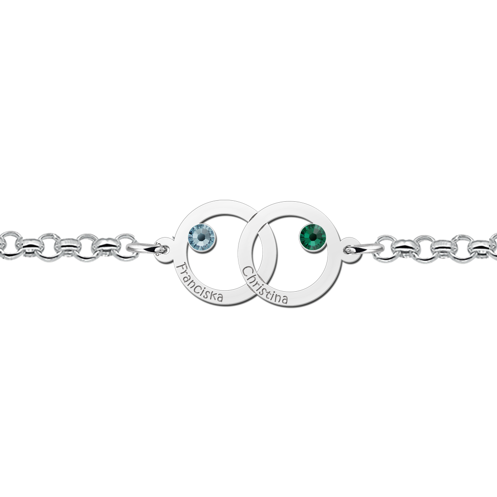 Pulsera de plata madre e hija con nombres y piedras de nacimiento
