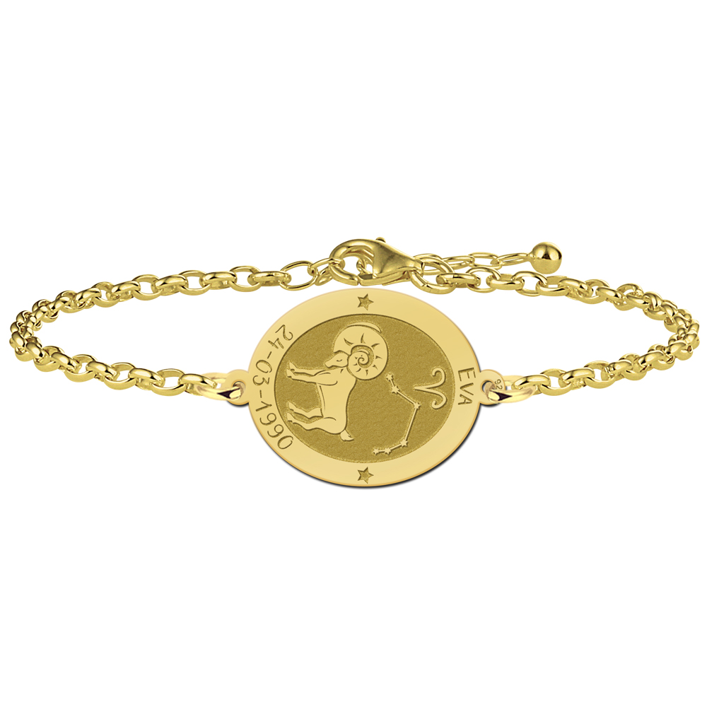 Pulsera Ovalada Signo del Zodíaco Aries Chapada en Oro con Nombre y Fecha