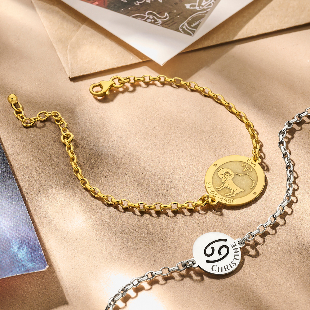 Pulsera Ovalada Signo del Zodíaco Aries Chapada en Oro con Nombre y Fecha