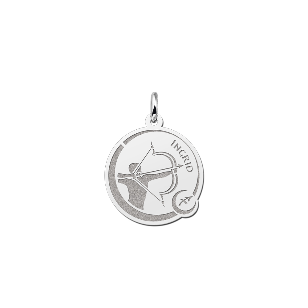 Colgante Redondo de Plata Signo del Zodiaco Sagitario con Grabado de Nombre